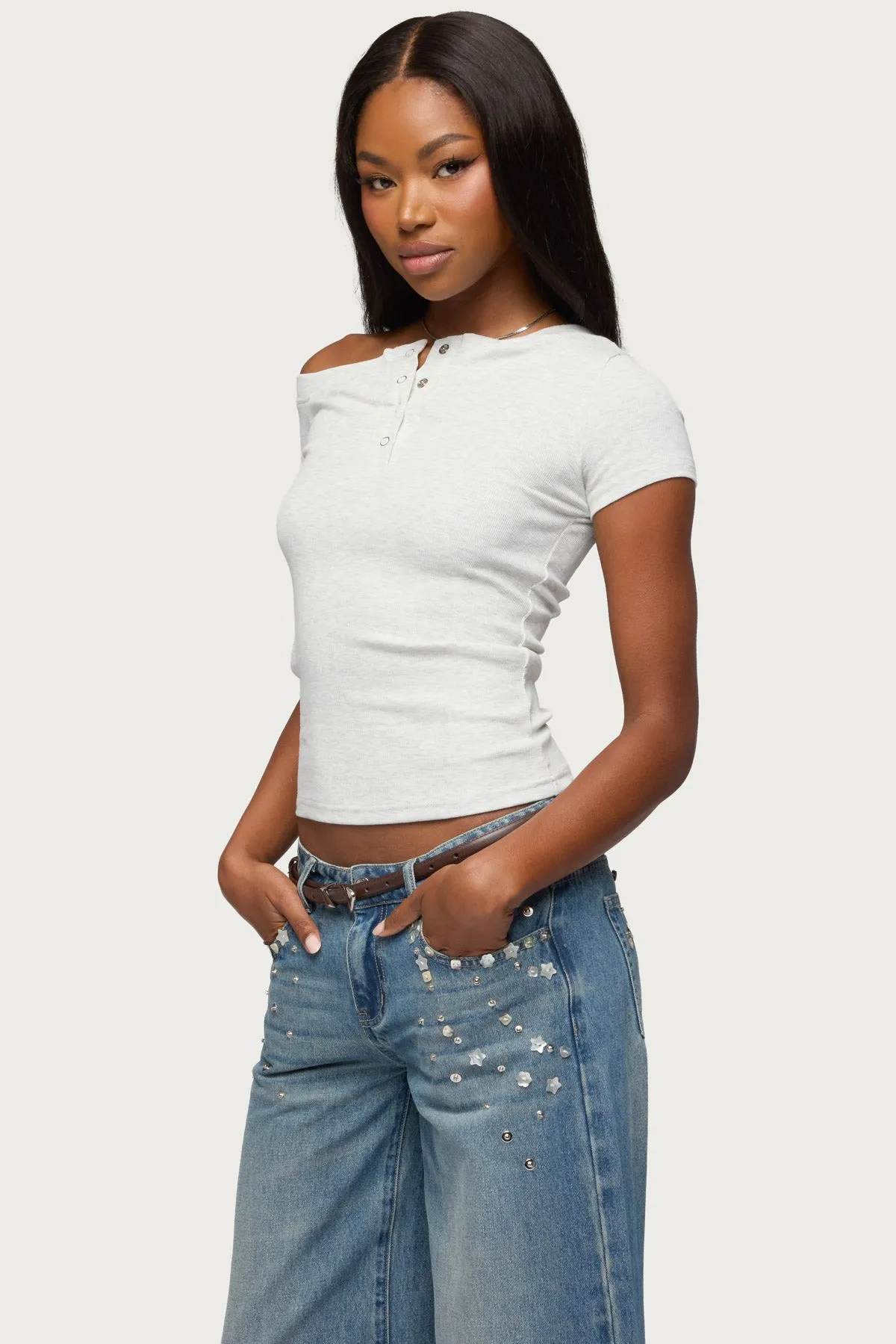 Jubilee Off Shoulder Henley Top sold by Edikted product image thumbnail 3