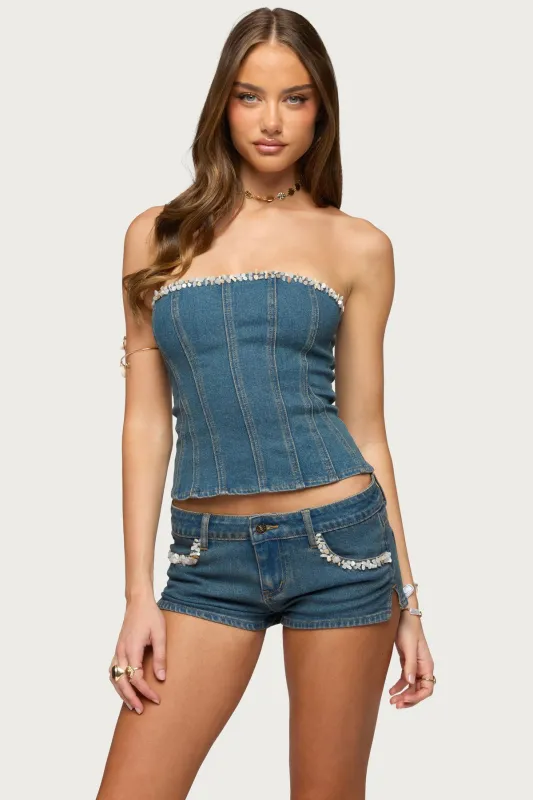 Zenna Beaded Strapless Denim Corset made by Edikted