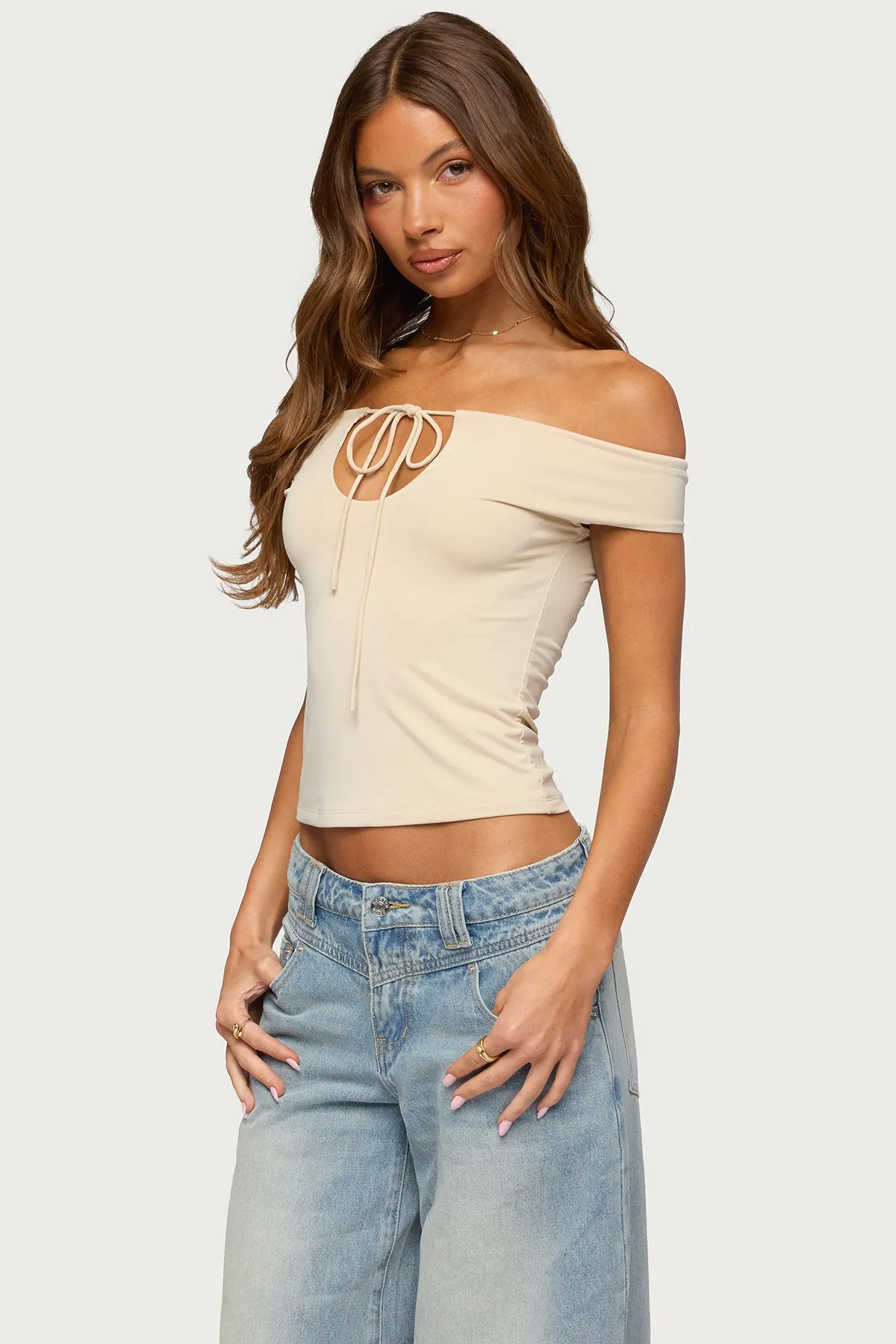 Kaite Off Shoulder Cutout Tie Top sold by Edikted product image thumbnail 3