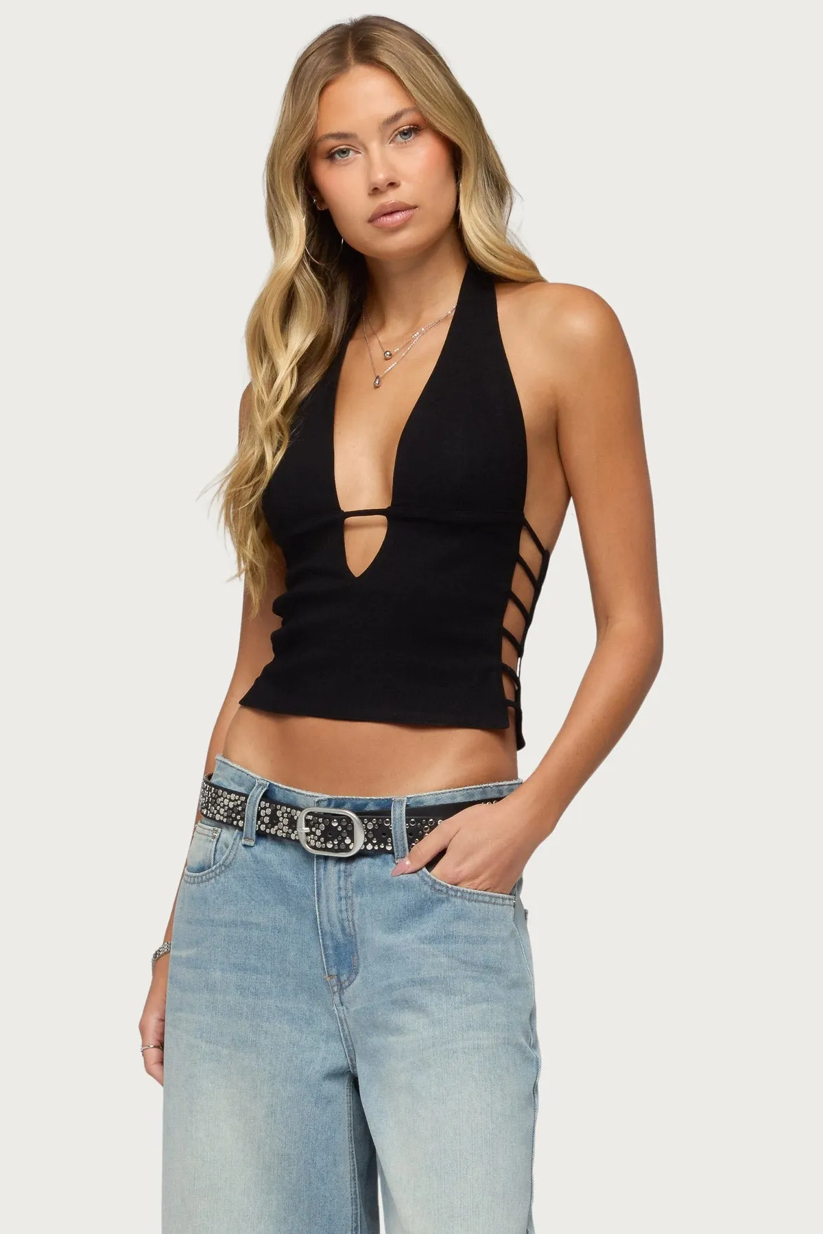 Aneera Cutout Plunging Halter Top sold by Edikted