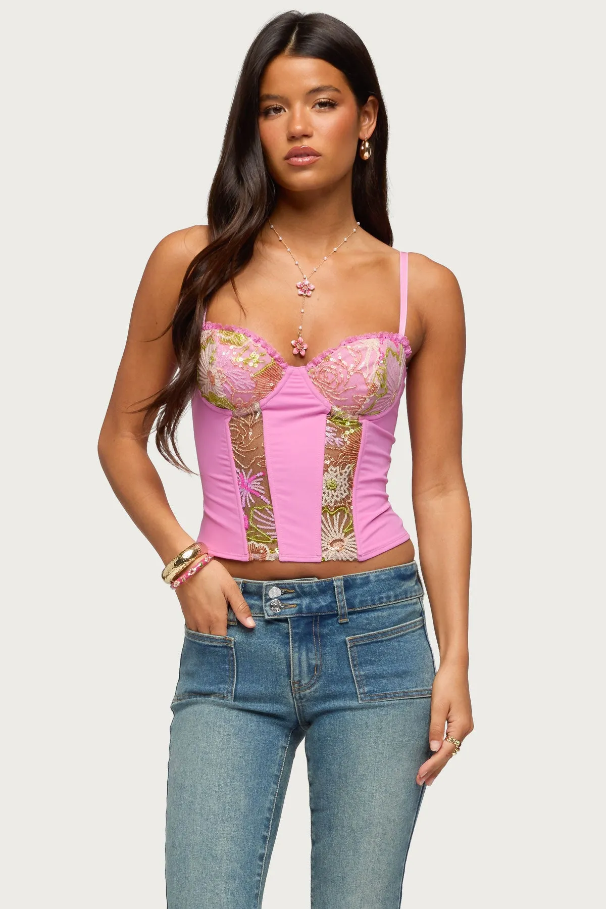 Inka Floral Sequin Bead Cupped Corset sold by Edikted