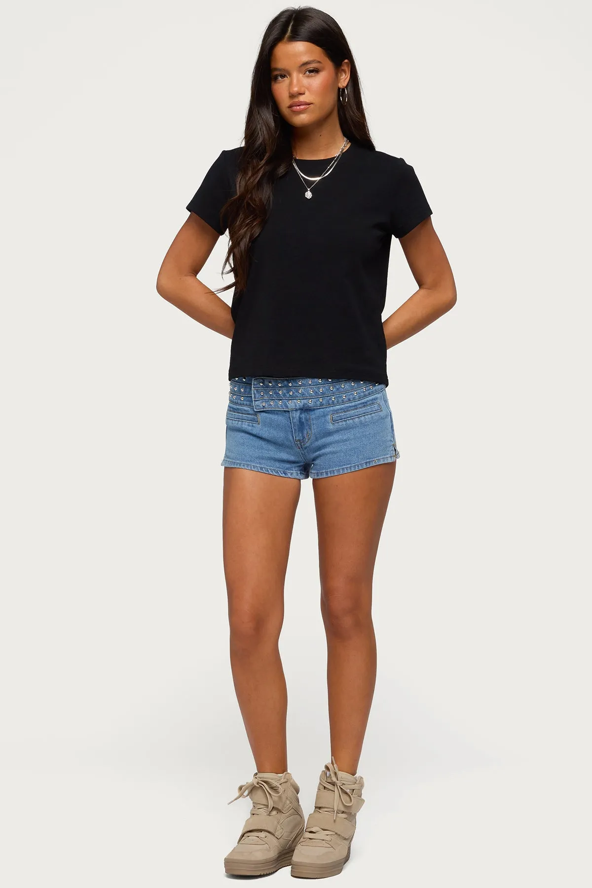 Odetta Studded Low Rise Denim Shorts sold by Edikted