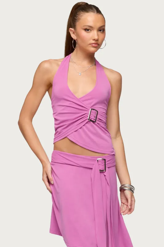Fiori Buckle Asymmetric Wrap Top made by Edikted
