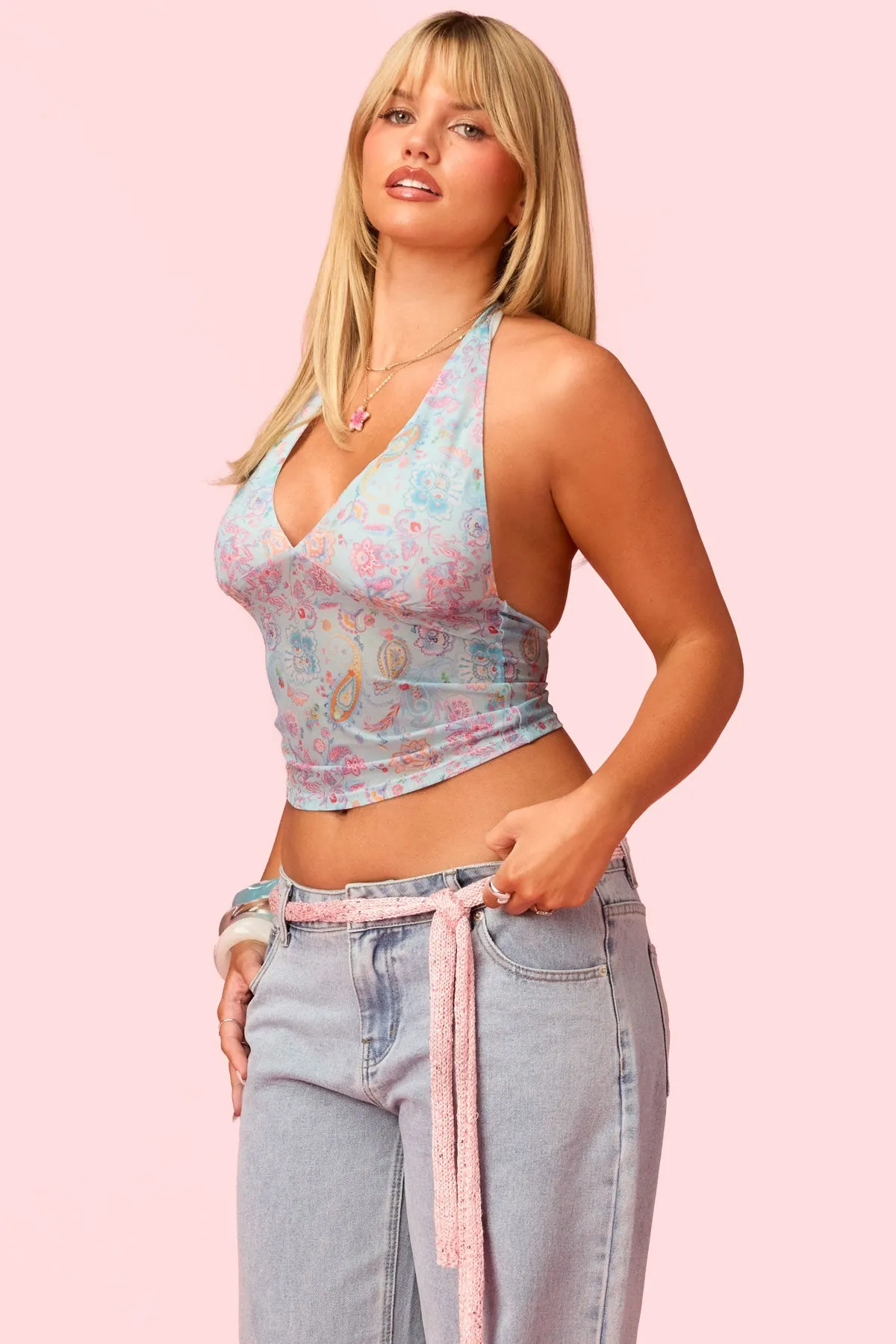 Barbie™ Fever Paisley Mesh Halter Top sold by Edikted product image thumbnail 3