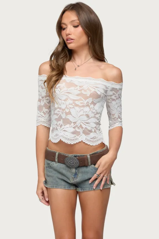 Dyna Off Shoulder Sheer Lace Top made by Edikted