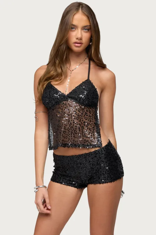 Annael Sequin Net Backless Halter Top made by Edikted