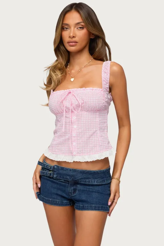 Zeffie Textured Gingham Tie Front Top made by Edikted