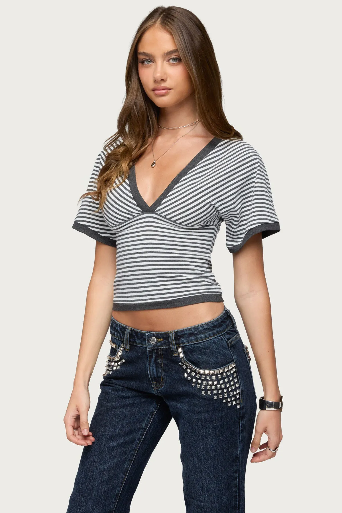 Primrosa Striped V Neck Flutter Top sold by Edikted product image thumbnail 3