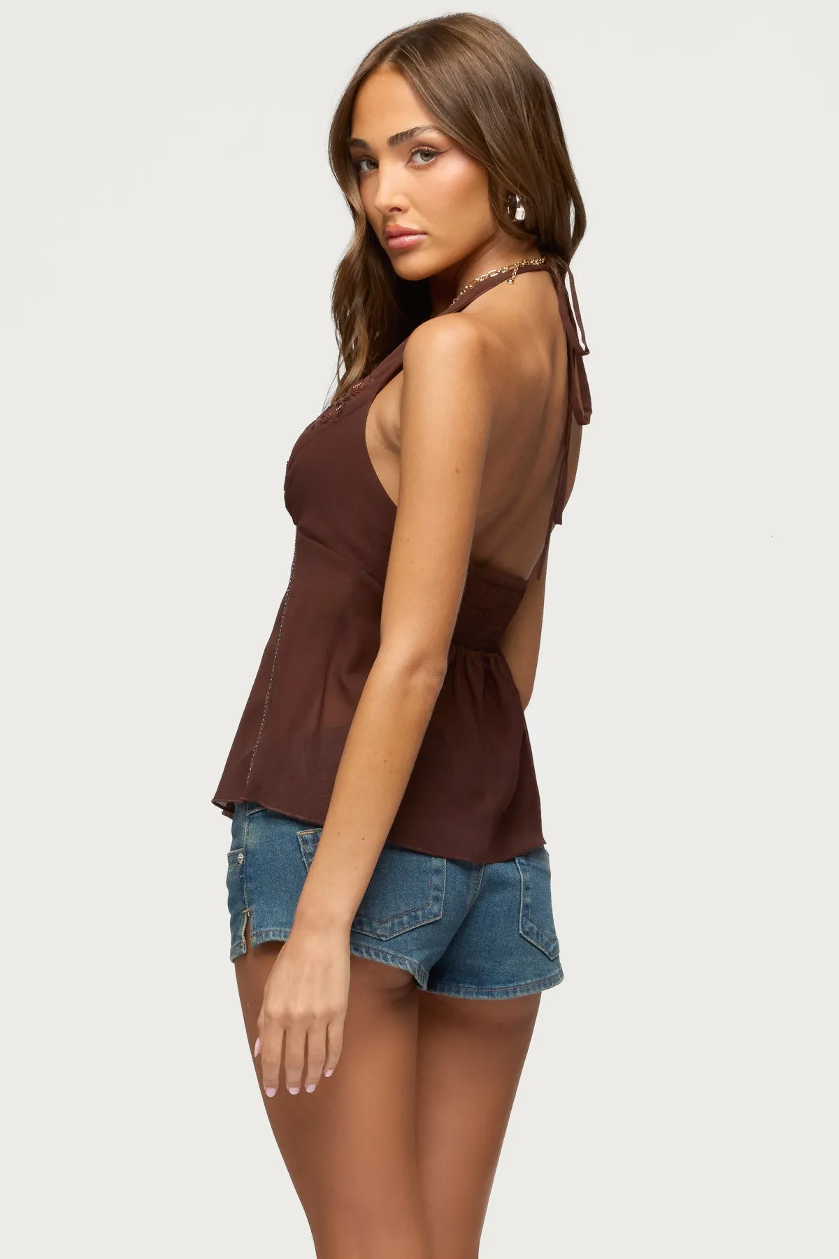 Lani Sequin Bead Chiffon Halter Top sold by Edikted product image thumbnail 4