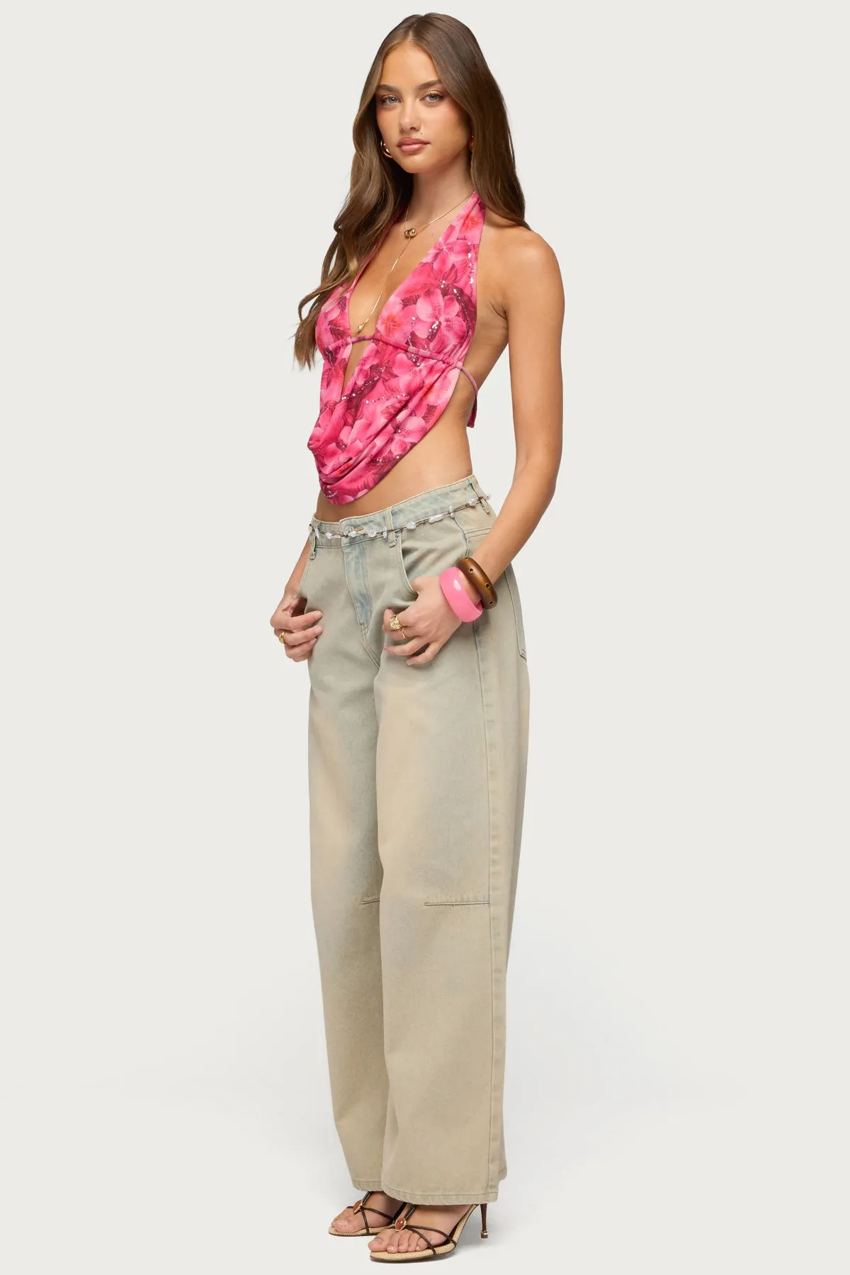 Floral Mesh Backless Cowl Neck Top sold by Edikted product image thumbnail 4