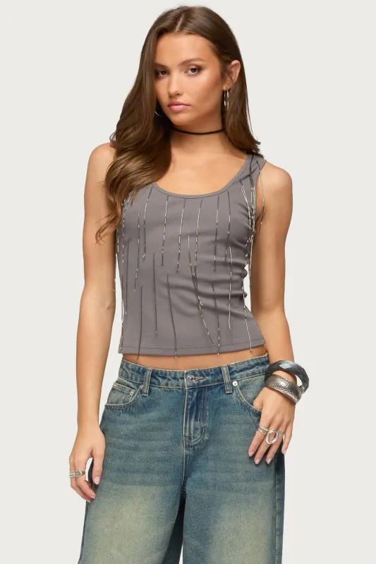 Beaded Fringe Ribbed Tank Top made by Edikted