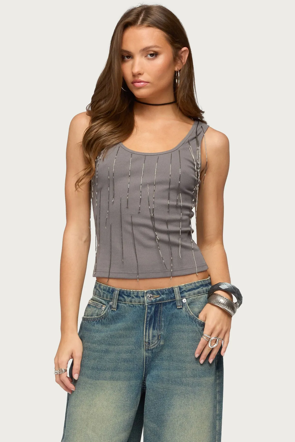 Beaded Fringe Ribbed Tank Top sold by Edikted