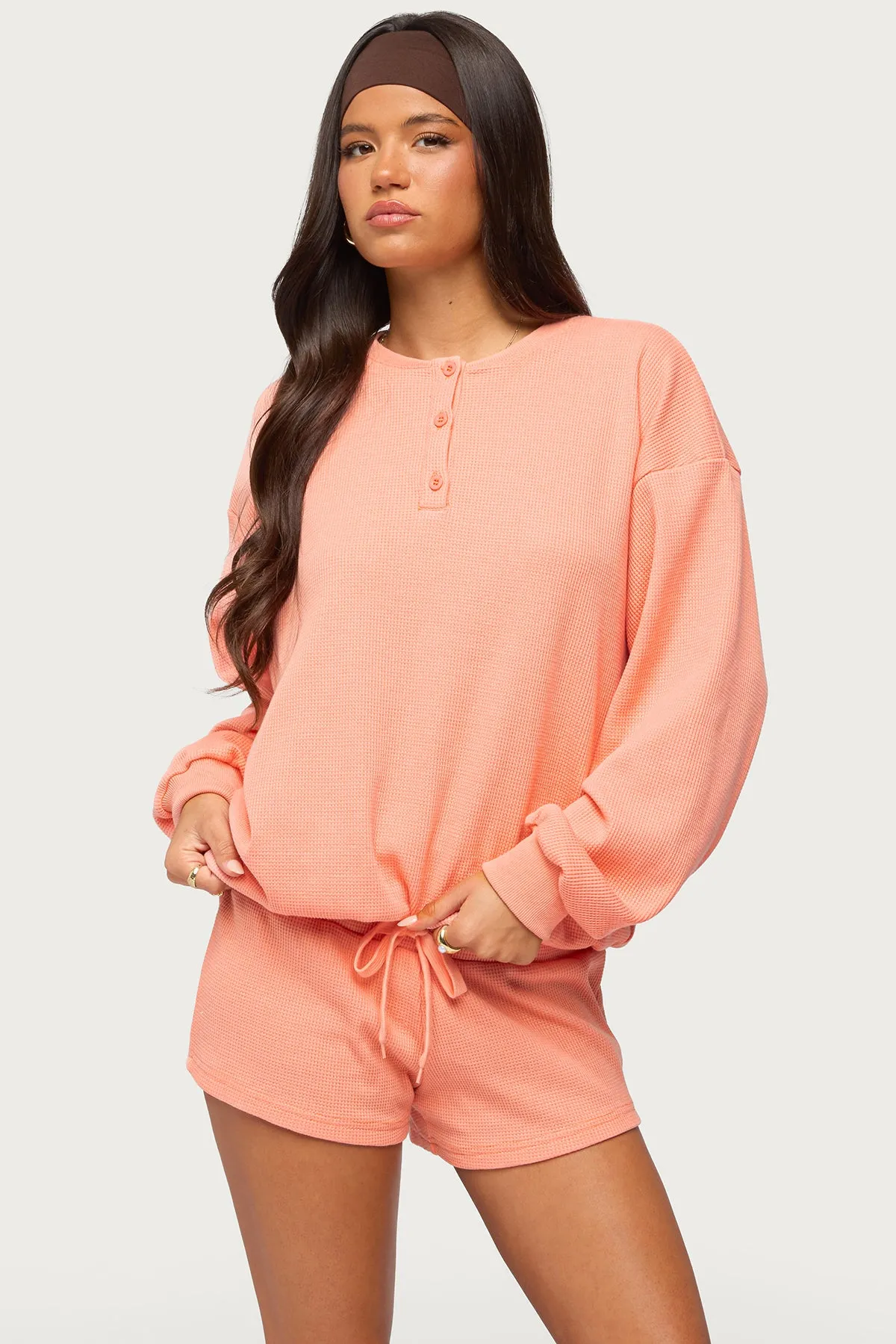 Baila Waffle Henley Top sold by Edikted