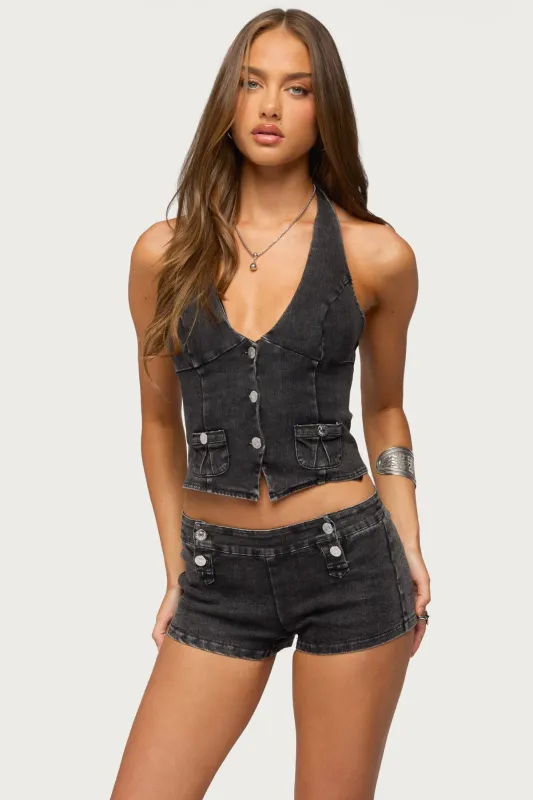 Sashe Button Up Denim Halter Top made by Edikted