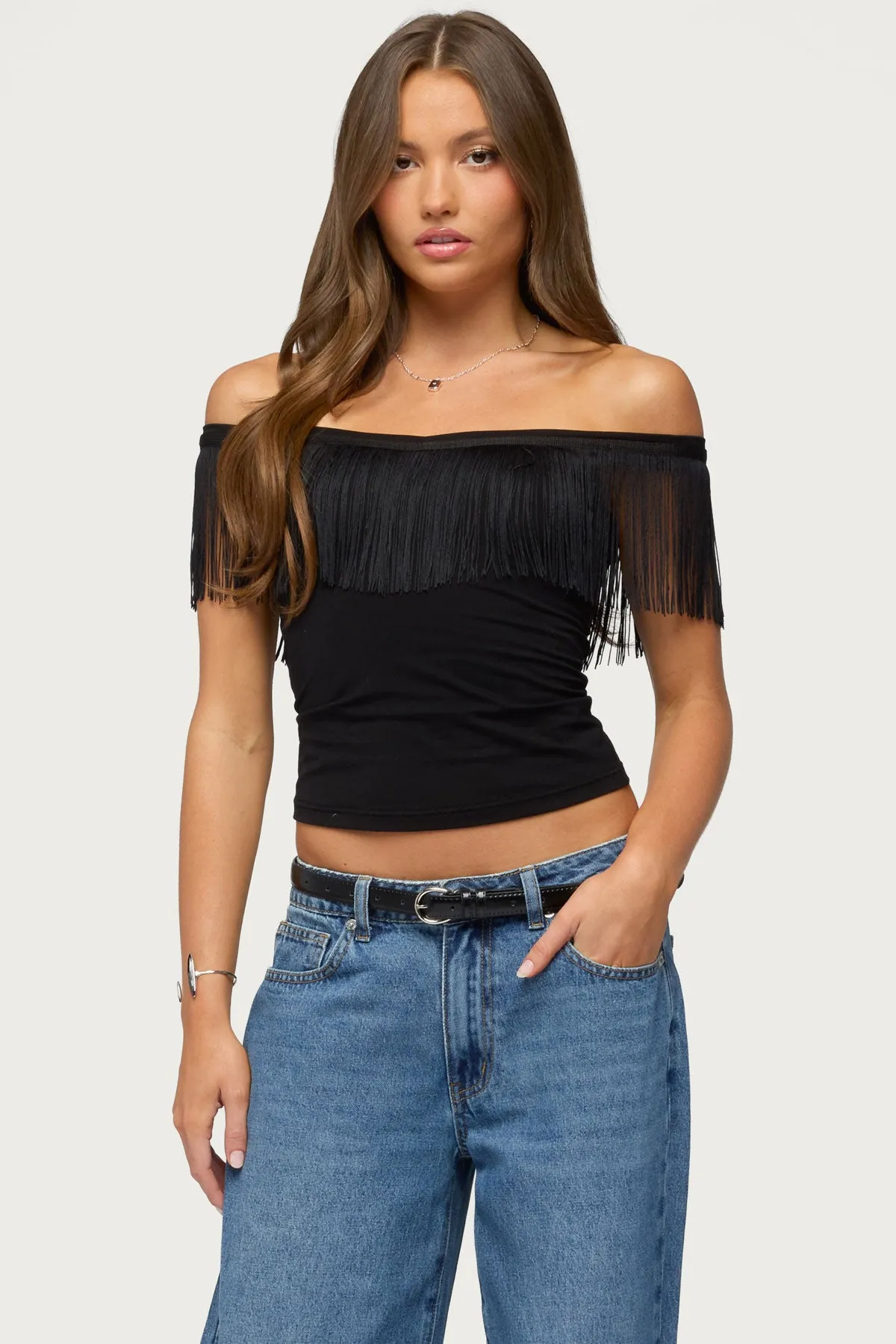 Catelina Fringe Off Shoulder Top sold by Edikted
