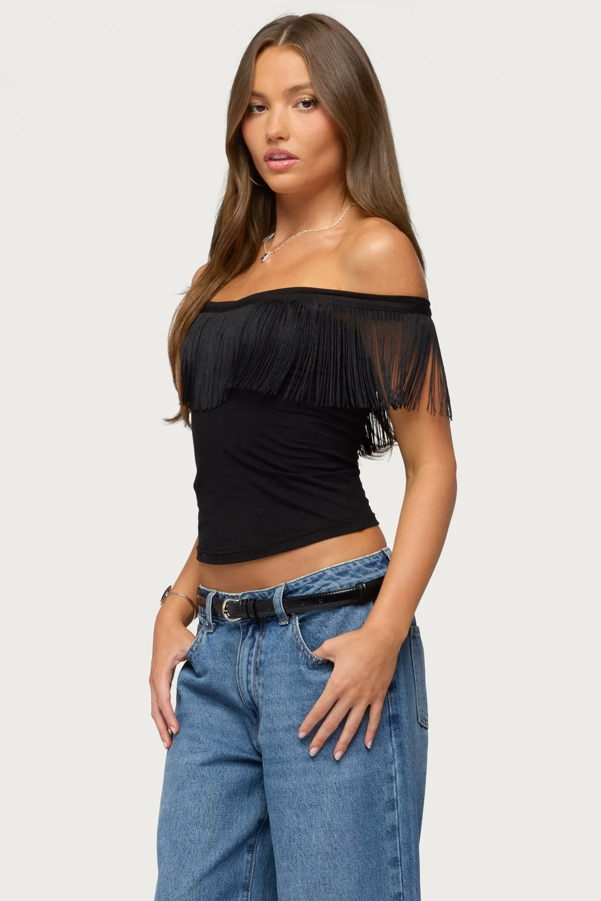 Catelina Fringe Off Shoulder Top sold by Edikted product image thumbnail 3