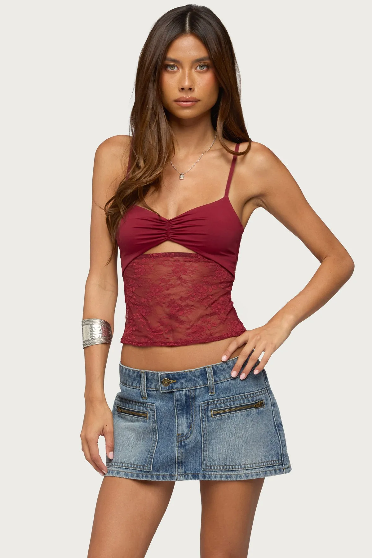 Damarie Cutout Ruched Sheer Lace Top sold by Edikted