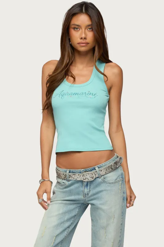 Aquaramine Rhinestone Ribbed Tank Top made by Edikted