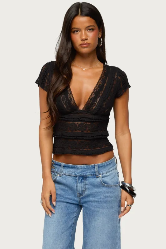 Avalee Sheer Lace V Neck Top made by Edikted