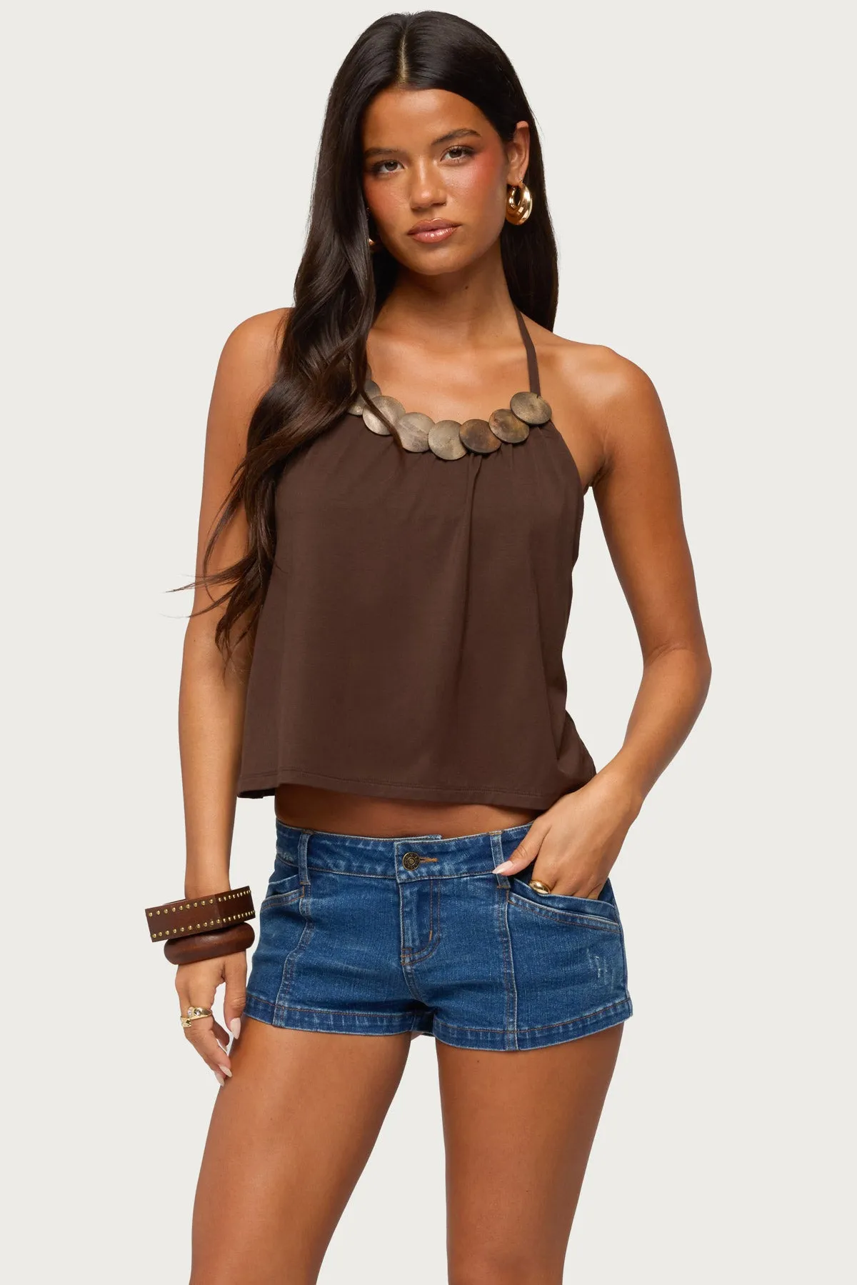 Gale Wood Disc Halter Top sold by Edikted