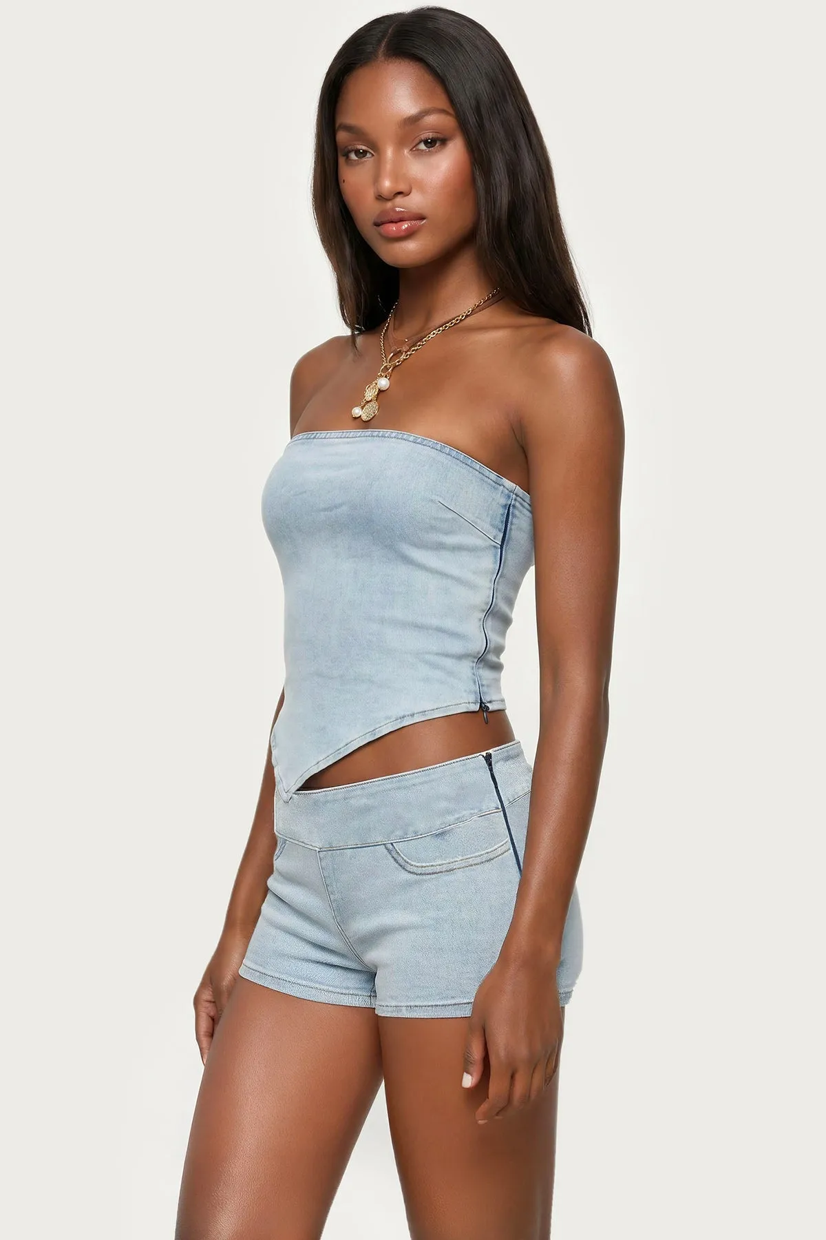 Zaida Asymmetric Denim Strapless Top sold by Edikted product image thumbnail 3