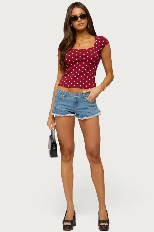 Roy Ruffle Lace Denim Micro Shorts made by Edikted
