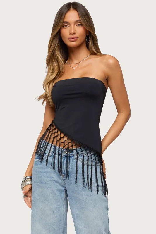 Sarika Asymmetric Fringe Strapless Top made by Edikted