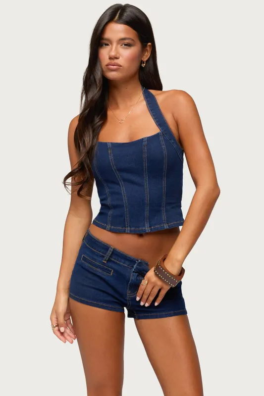 Alita Stretchy Denim Halter Top made by Edikted