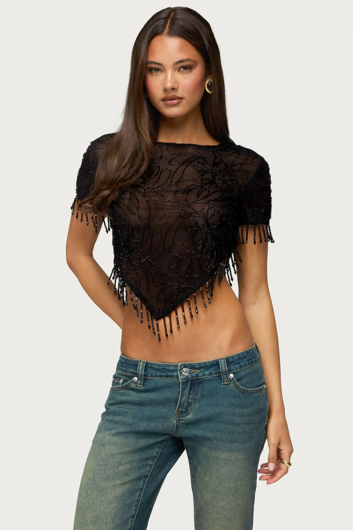 Yanna Beaded Fringe Poncho Top sold by Edikted