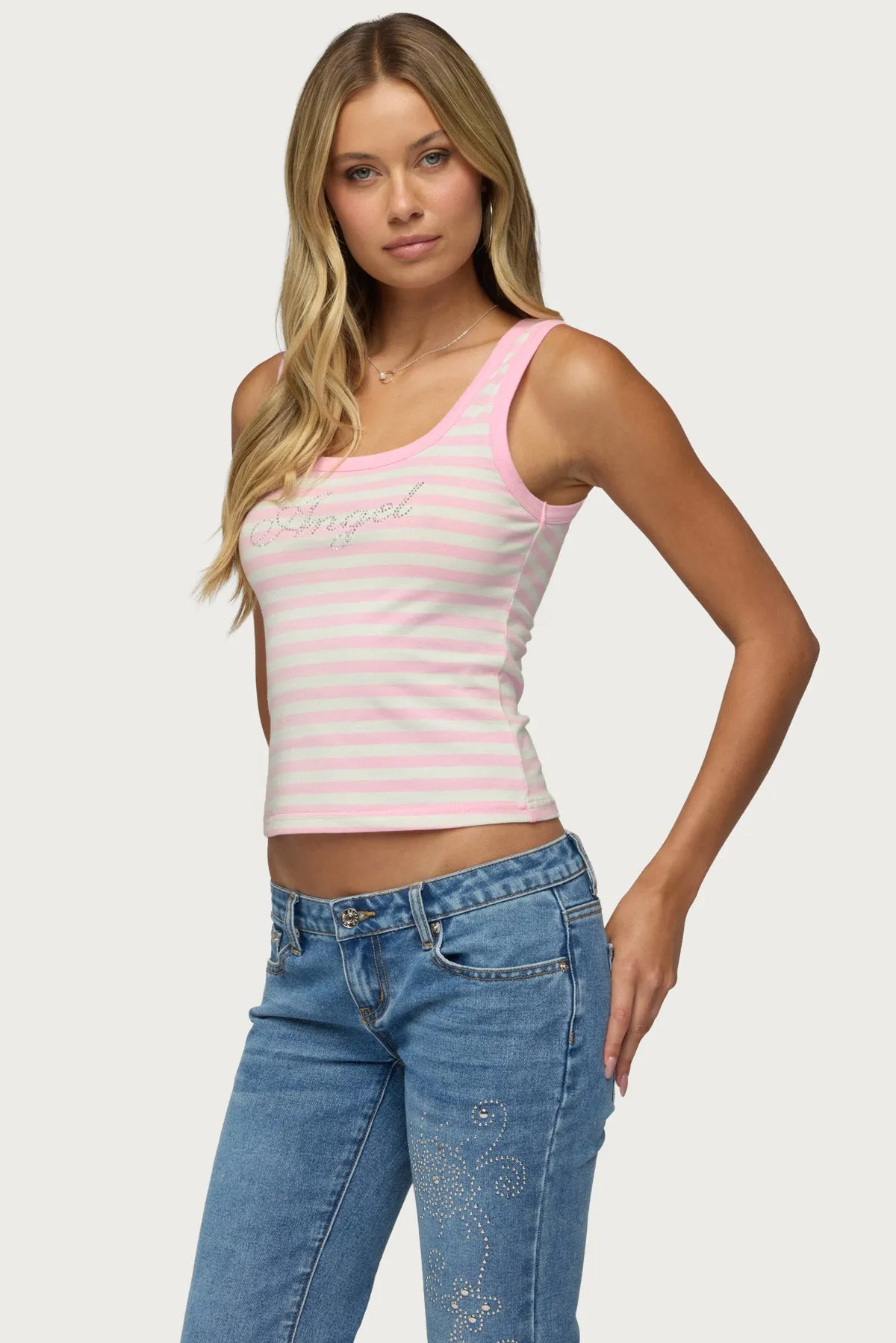 Angel Glow Rhinestone Striped Tank Top sold by Edikted product image thumbnail 4