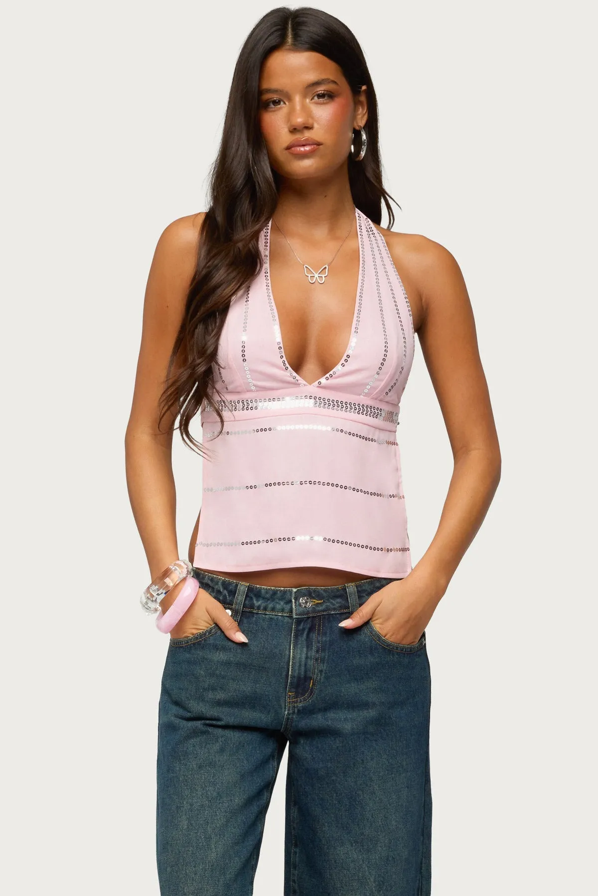 Roey Sequin Chiffon Backless Top sold by Edikted