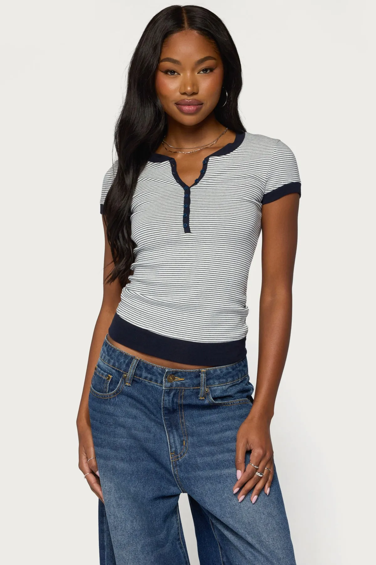 Regin Striped Ribbed Henley Top sold by Edikted
