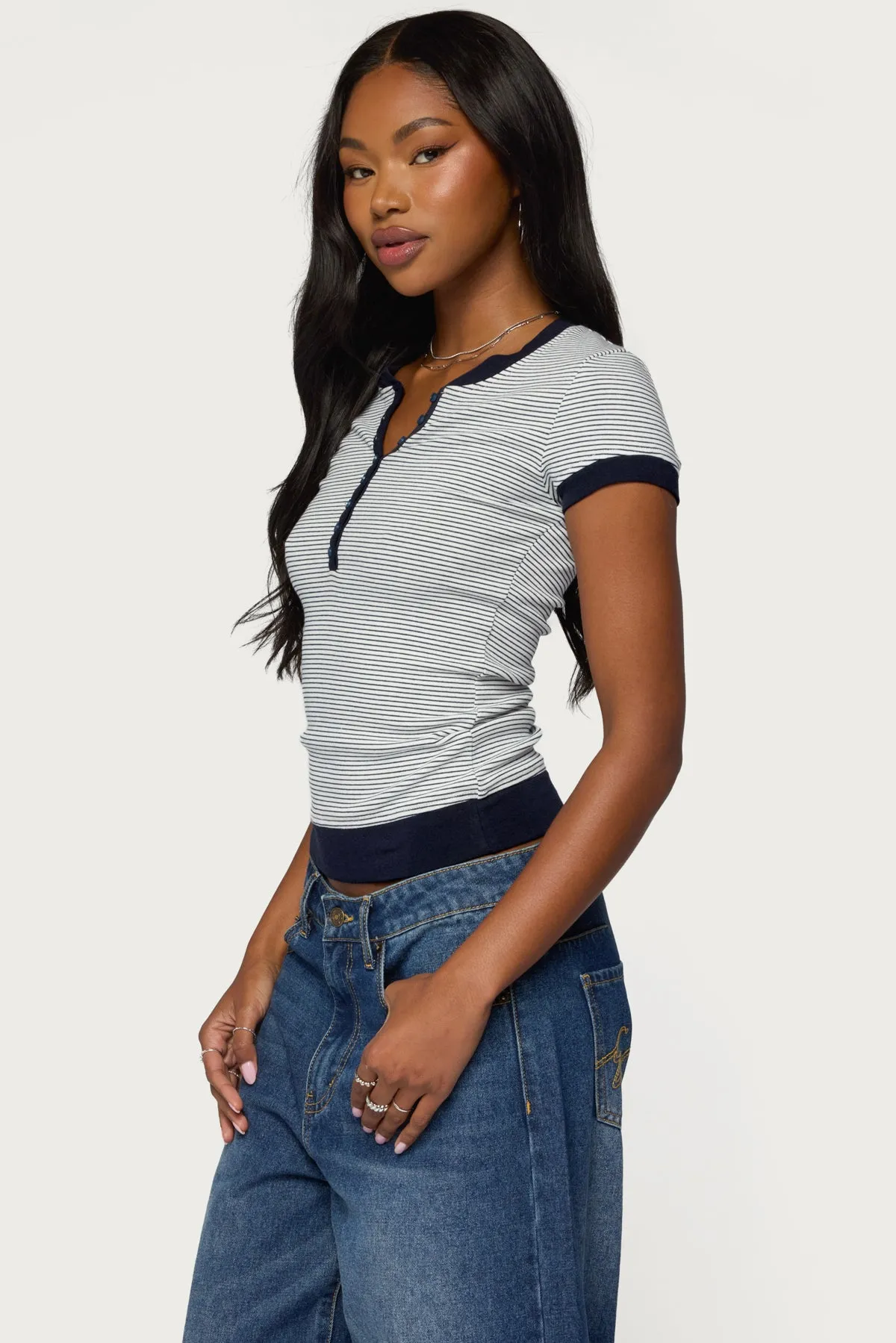 Regin Striped Ribbed Henley Top sold by Edikted product image thumbnail 3