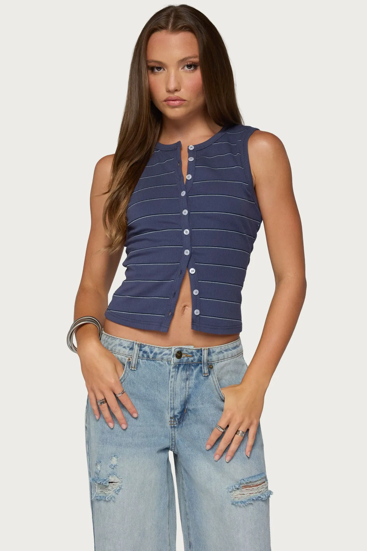 Brynne Striped Button Up Top sold by Edikted
