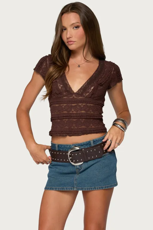 Avalee Sheer Lace V Neck Top made by Edikted