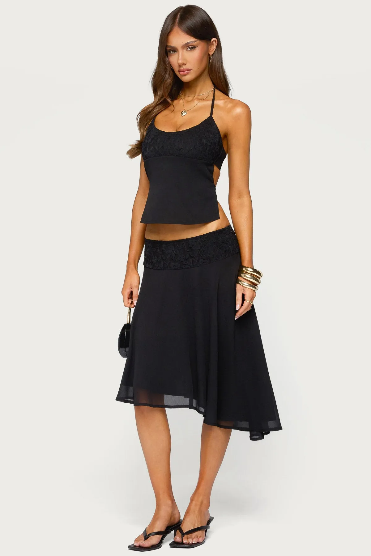 Evia Lacey Asymmetric Midi Skirt sold by Edikted