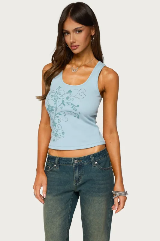 Veila Rhinestone Ribbed Graphic Tank Top made by Edikted