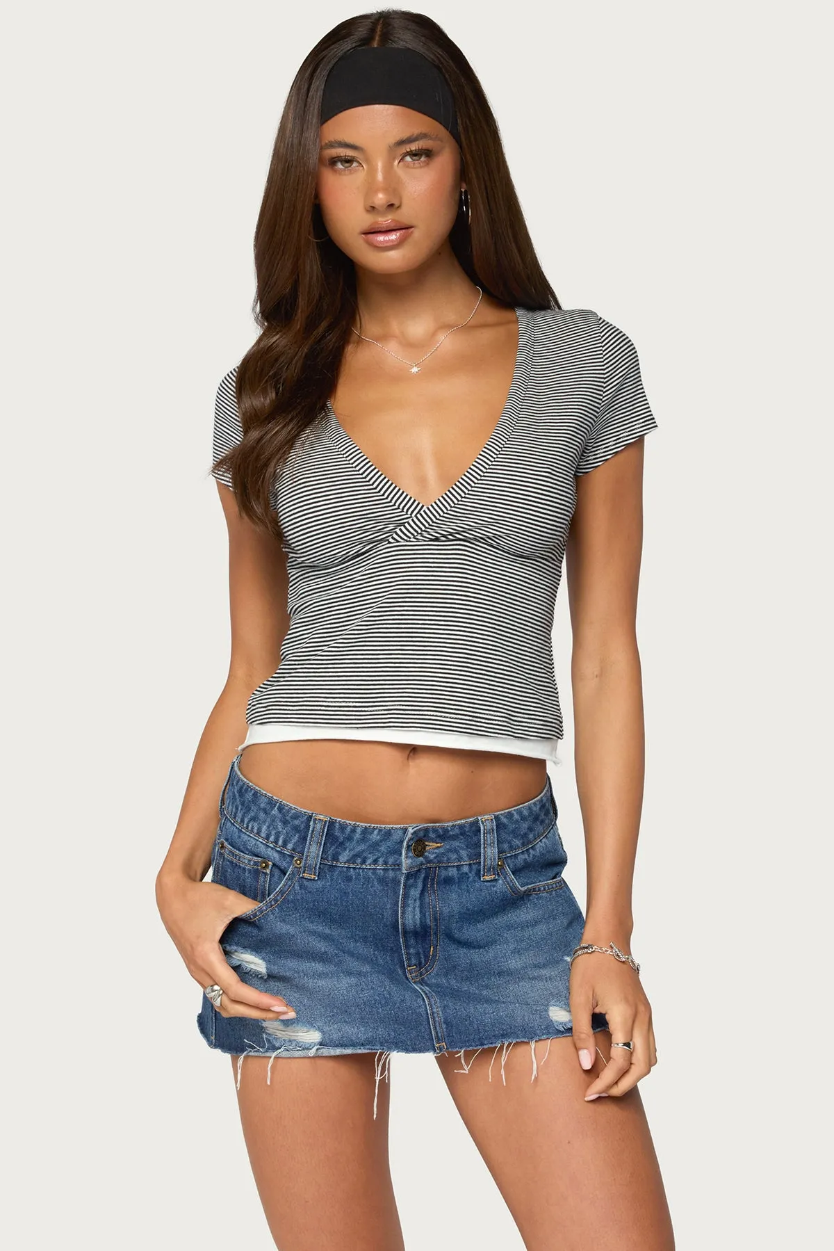Yannah Striped Layered V Neck Top sold by Edikted