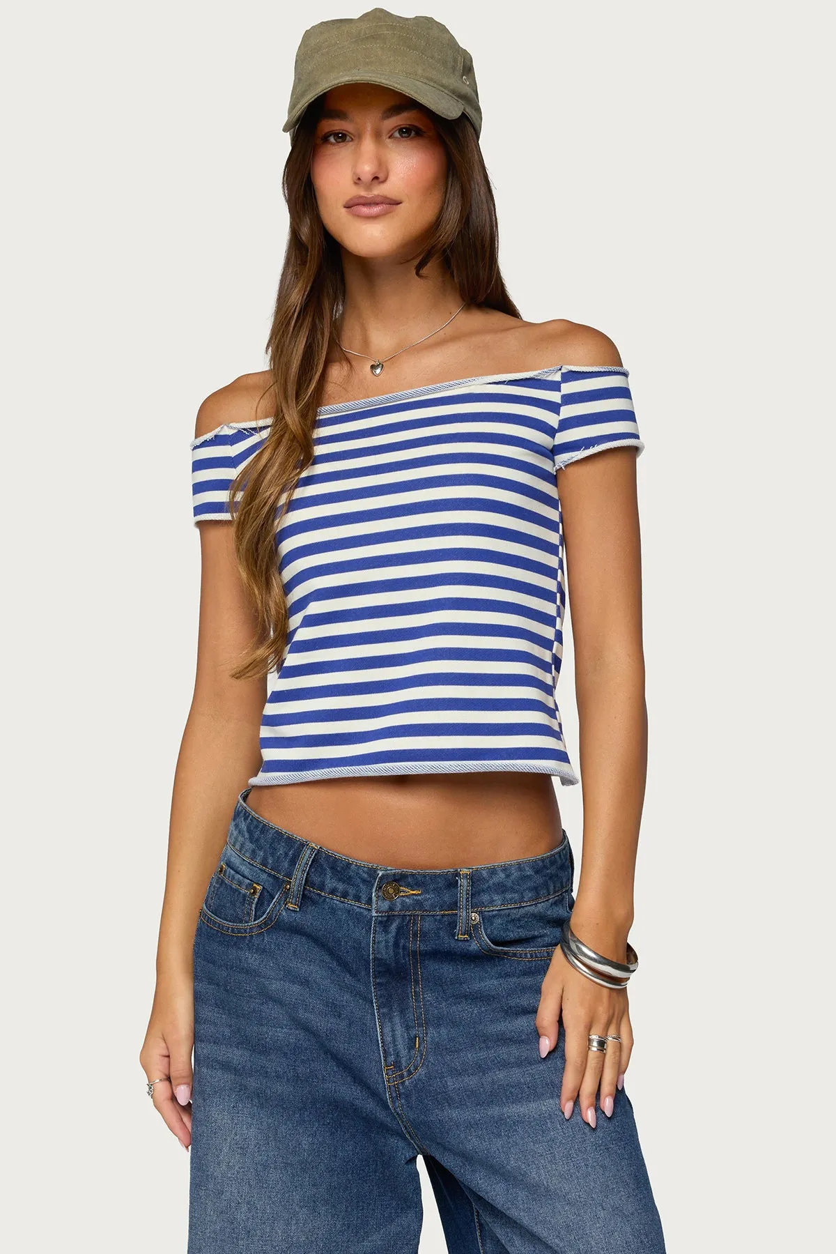 French Terry Striped Off Shoulder Top sold by Edikted