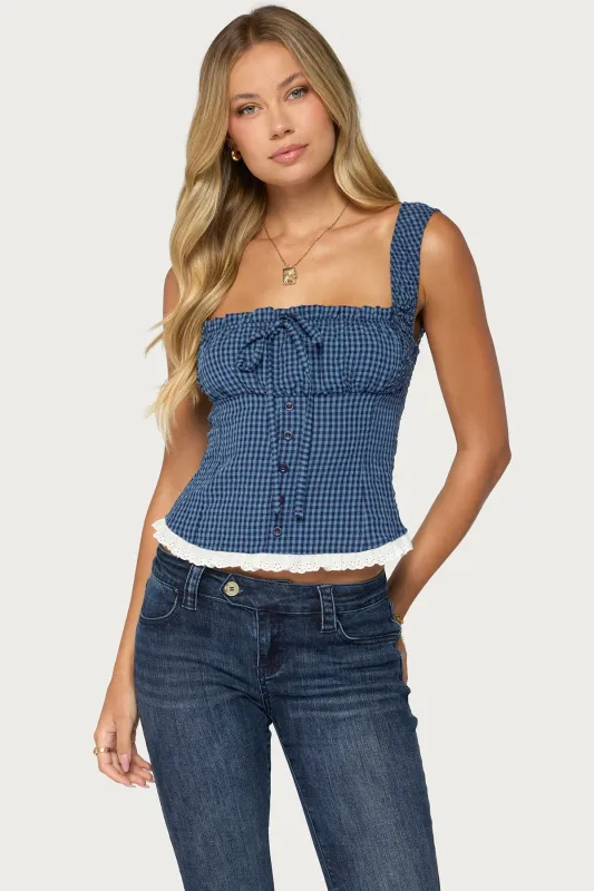 Zeffie Textured Gingham Tie Front Top made by Edikted