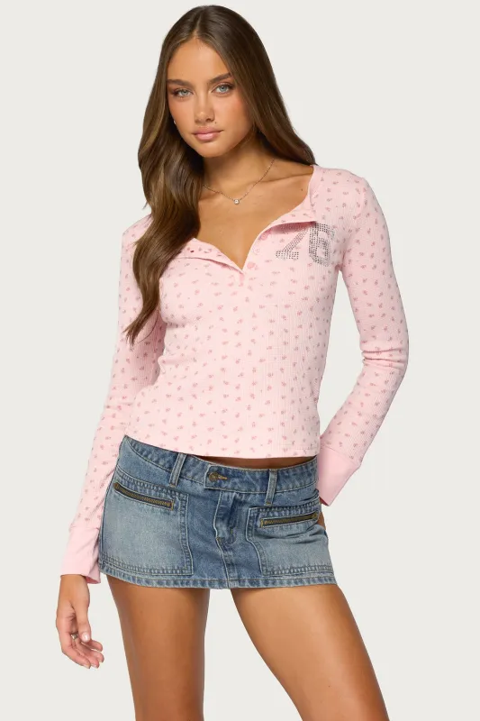 76 Rhinestone Floral Henley Top made by Edikted