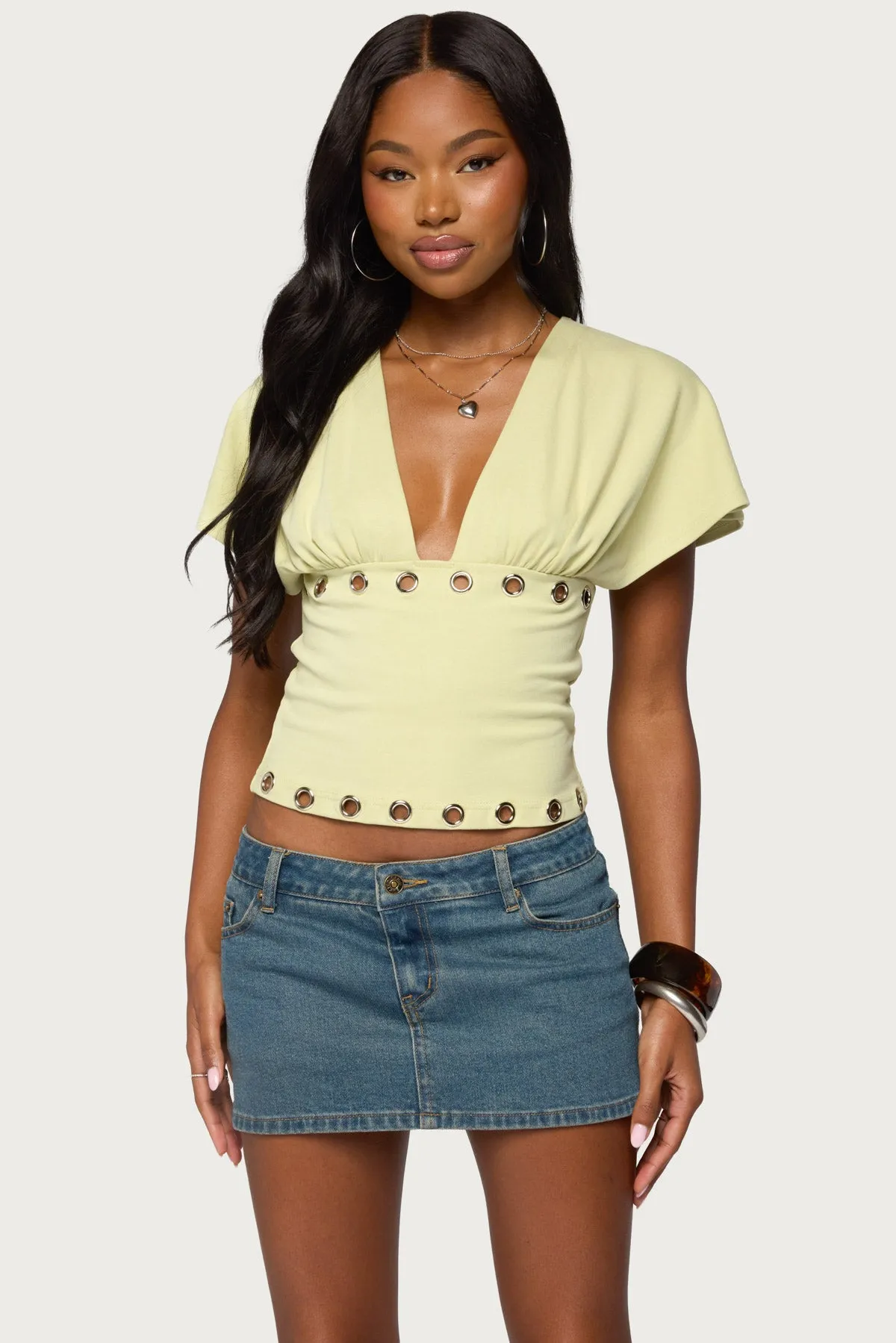 Isi Grommet Flutter Plunge Neck Top sold by Edikted