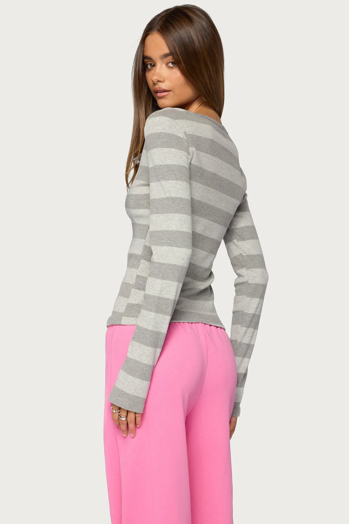Dea Striped Long Sleeve Henley T Shirt sold by Edikted product image thumbnail 4