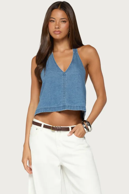 Teddie Backless Denim Halter Top made by Edikted