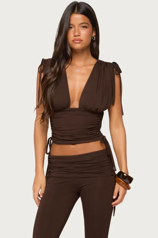 Bardi Drawstring Ruched Flutter Top made by Edikted