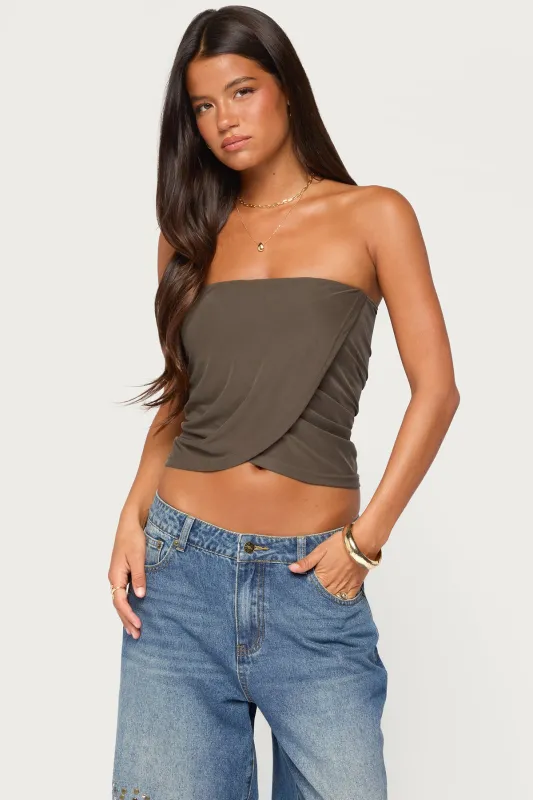 Amei Asymmetric Strapless Wrap Top made by Edikted