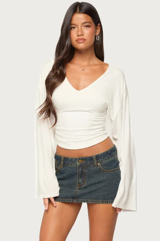 Bebe Ruched Long Sleeve V Neck Top made by Edikted