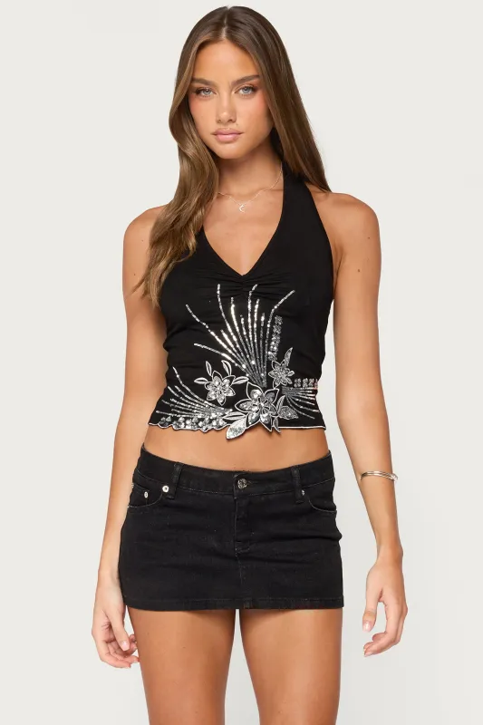 Aelixa Floral Sequin Halter Top made by Edikted