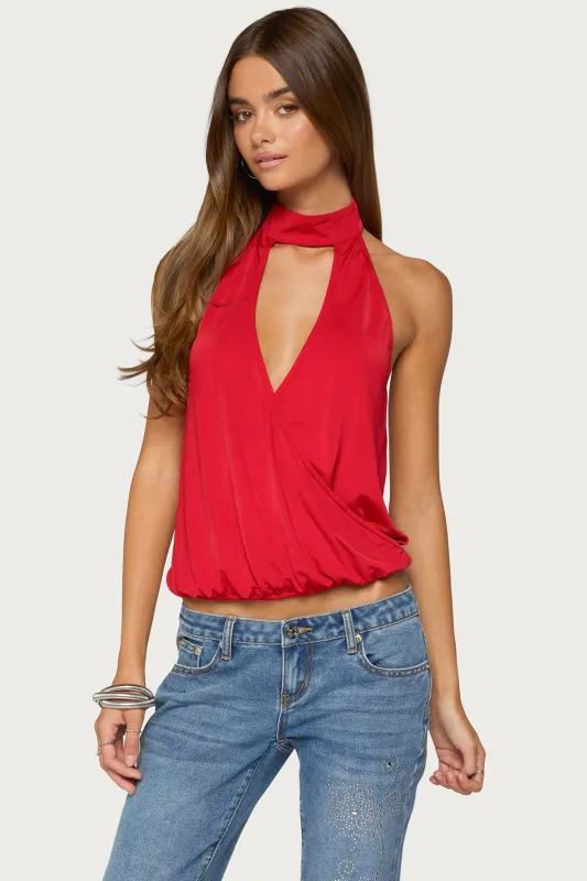 Lizah High Neck Cutout Wrap Top made by Edikted