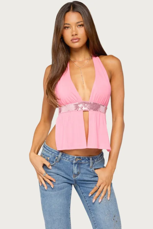 Heily Sequin Split Front Backless Top made by Edikted